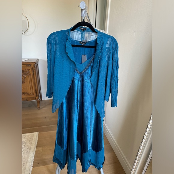 KOMAROV Designer V-neck Midi Cocktail Formal Dress Peacock Blue - Picture 3 of 11